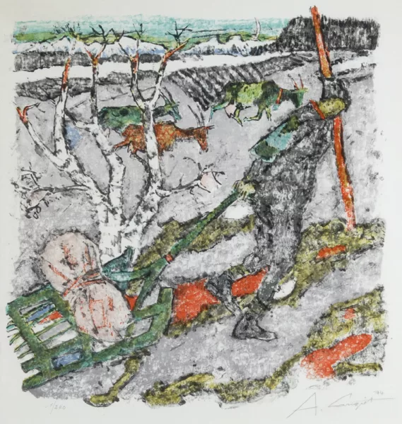Alois Carigiet — Bauer mit Schlitten und Ziegen, 1974