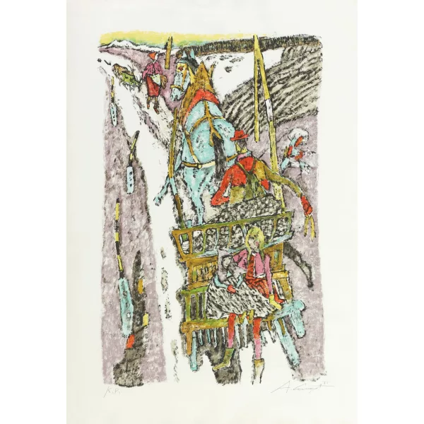 Alois Carigiet — PFERDEKUTSCHE MIT KINDERN (HEIMWÄRTS), 1975HORSE-DRAWN CARRIAGE WITH CHILDREN (HOMEWARD), 1975
