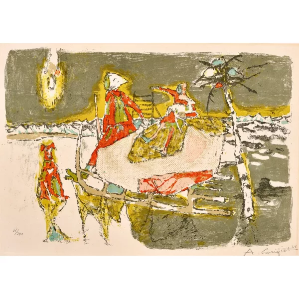 Alois Carigiet — Hornschlitten mit Frau und Kindern.