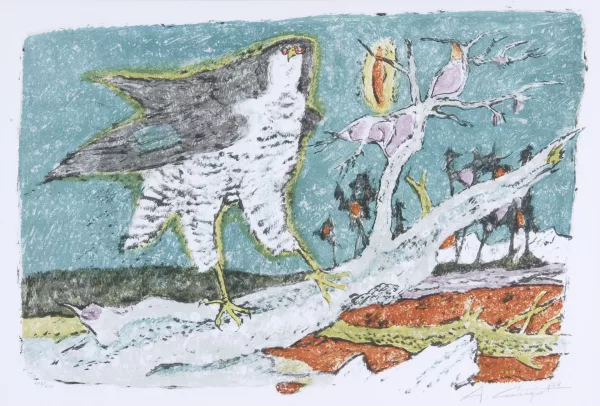 Alois Carigiet — Falke auf Baumstrunk, 1978