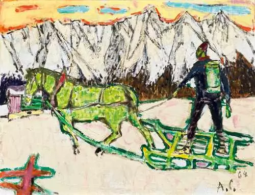 ALOIS CARIGIET — Bauer mit Pferdeschlitten in Winterlandschaft. 1964. — Koller Auktionen