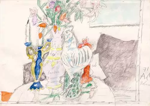 ALOIS CARIGIET — Still life with flowers and rooster. 1971. — Koller Auktionen