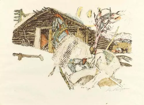 ALOIS CARIGIET — Bauer mit Pferdeschlitten vor Hütte. 1969. — Koller Auktionen
