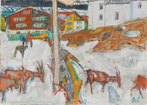 ALOIS CARIGIET — Village landscape with goats and children playing in the snow. 1961. — Koller Auktionen
