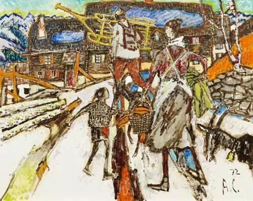 ALOIS CARIGIET — Winter landscape with village and family. 1972. — Koller Auktionen