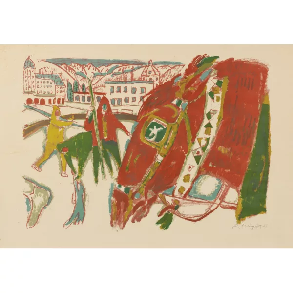 Alois Carigiet — SKIFAHRER UND PFERD VOR WINTERLANDSCHAFT, 1956SKIER AND HORSE IN FRONT OF A WINTER LANDSCAPE, 1956