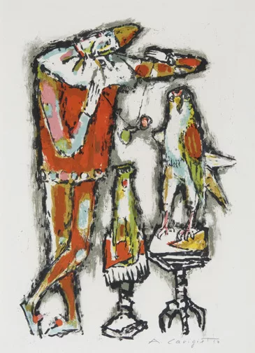 Alois Carigiet — Stehender Harlekin mit Falke und Affe, 1957