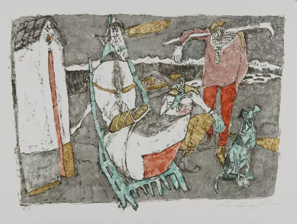 Alois Carigiet — Zwei Bauern mit Pferdeschlitten und Hund, 1982