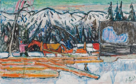 Holzfäller in winterlicher Berglandschaft, 1958
