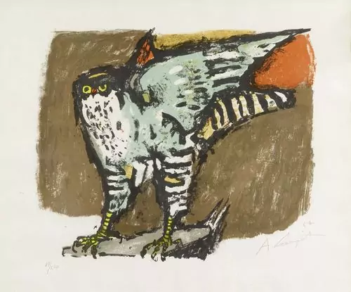 ALOIS CARIGIET — Eule auf Baumstrunk. 1967. — Koller Auktionen