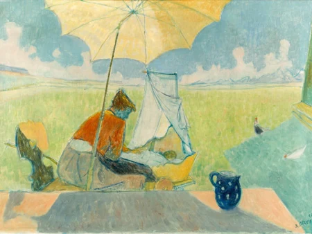 Mutter und Kind unter Sonnenschirm, weite Engadinerlandschaft, 1944