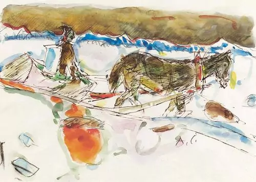 ALOIS CARIGIET — Bauer mit Schlitten und Pferd. — Koller Auktionen