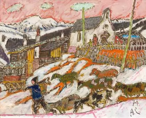 ALOIS CARIGIET — Shepherd before a mountain village. 1974. — Koller Auktionen