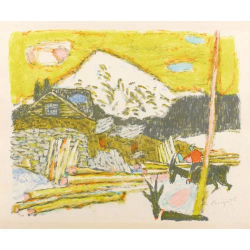 Alois Carigiet — Alphütte und zwei Ziegen.