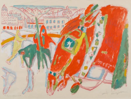 Skifahrer und Pferd vor Winterlandschaft, 1945