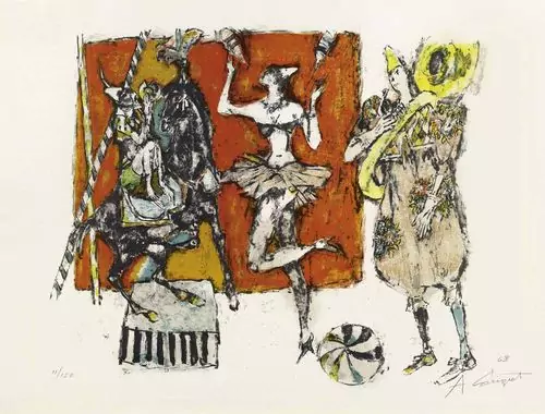 ALOIS CARIGIET — Zirkusszene mit Musikclown. 1968. — Koller Auktionen