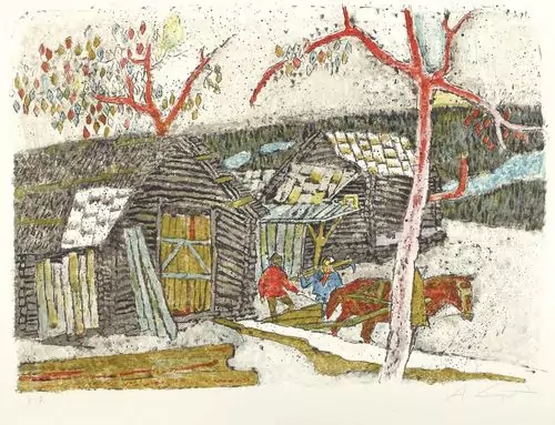 ALOIS CARIGIET — Holzarbeiter mit Pferd vor zwei Ställen, 1974. — Koller Auktionen