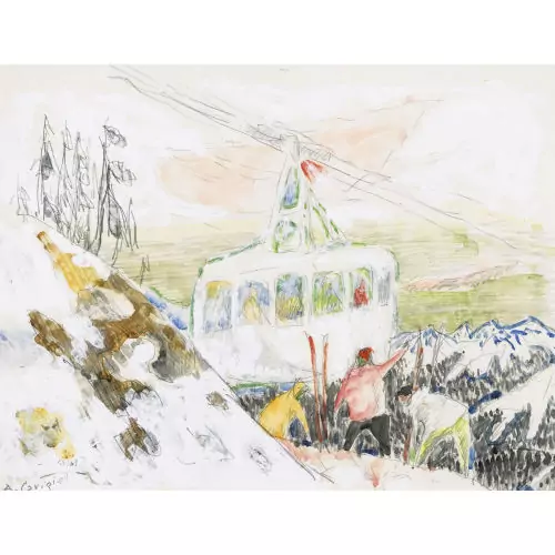 Winterliche Berglandschaft mit Gondel und Skifahrer