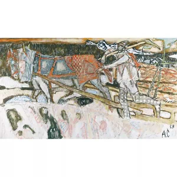 "Holzer im Schnee mit Pferd"