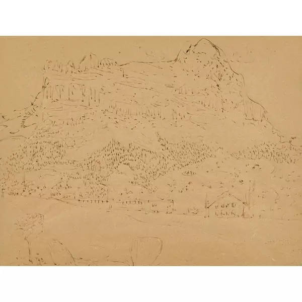"Berglandschaft mit Eisenbahn im Vordergrund"