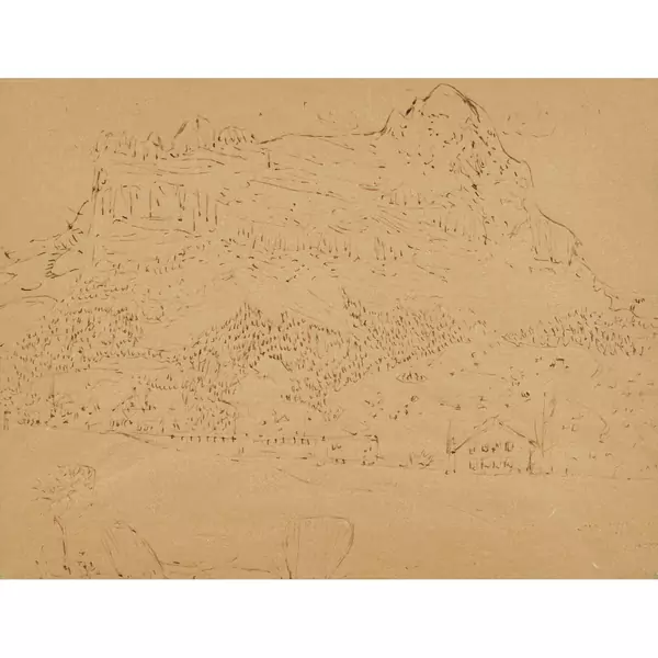 "Berglandschaft mit Eisenbahn im Vordergrund"