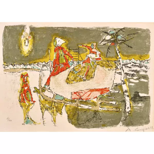 Hornschlitten mit Frau und Kindern