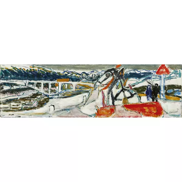 Bündnerlandschaft mit Pferdegespann vor Viadukt