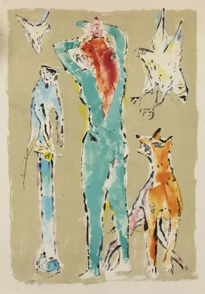 ALOIS CARIGIET — 2 Bll.: Ohne Titel (Weiblicher Rückenakt mit Tieren). Ohne Titel (Vogelquartett mit Eulen und Falke). — Koller Auktionen