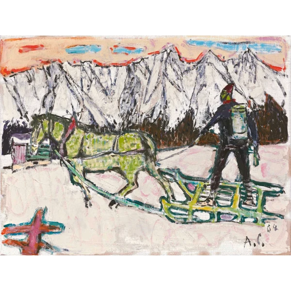 Alois Carigiet — BAUER MIT PFERDESCHLITTEN IN WINTERLANDSCHAFT, 1964 FARMER WITH HORSE CARRIAGE IN WINTER LANDSCAPE, 1964