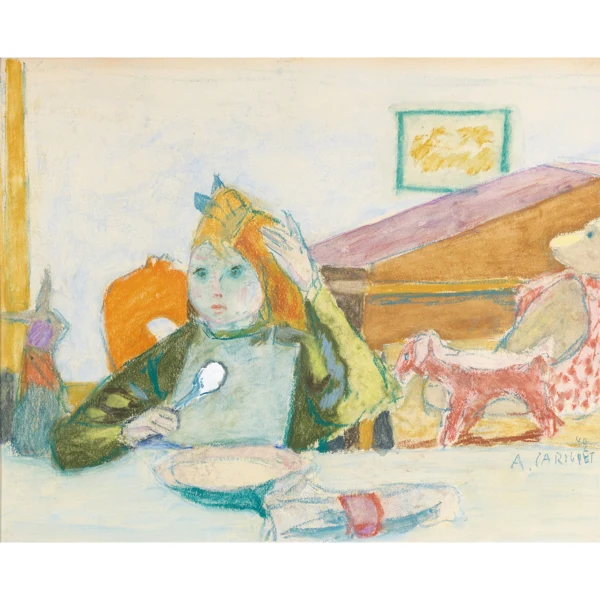 Alois Carigiet — ESSENDES KIND MIT SPIELZEUG, 1949EATING CHILD WITH TOYS, 1949