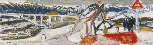Alois Carigiet — Bündnerlandschaft mit Pferdegespann vor Viadukt, 1956