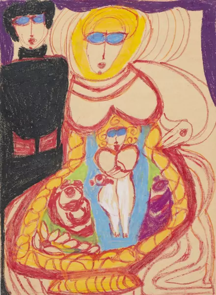 Aloise CORBAZ (1886-1964), "Couple et figurine sous un rideau violet", (env. 1959), craies grasses — DognyAuction