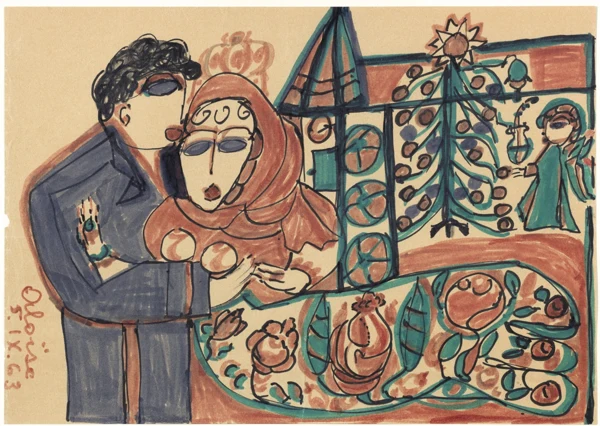 Aloïse Corbaz — Couple jouxtant une église, 1963