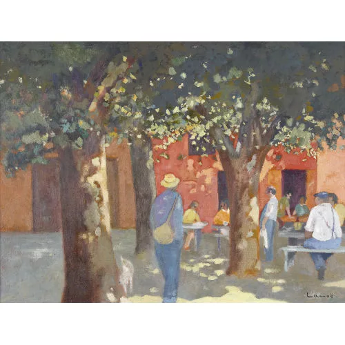 Alphonse Lanoë — Gartenrestaurant mit Bäumen im Sommer.