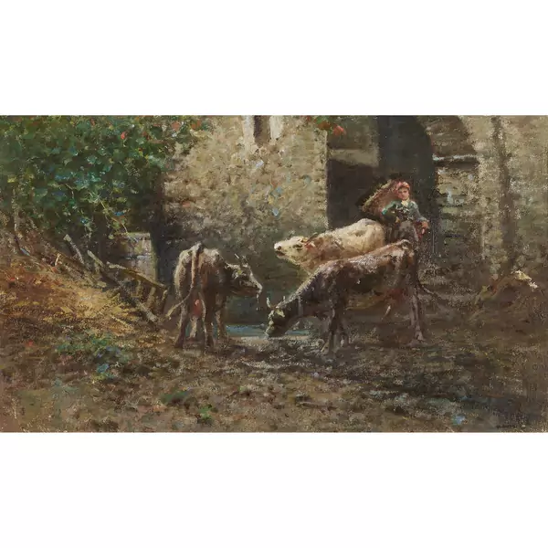 Kühe und junge Frau mit Gerla