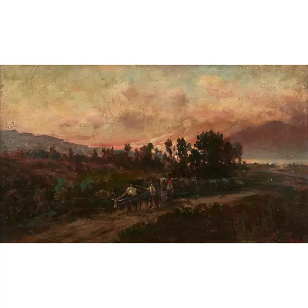 Paesaggio al tramonto con mulo e contadini