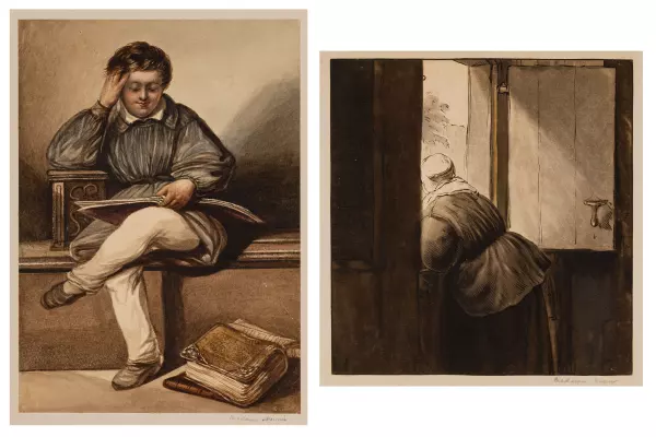 Bäuerin an ihrer Tür & Schüler beim Lesen