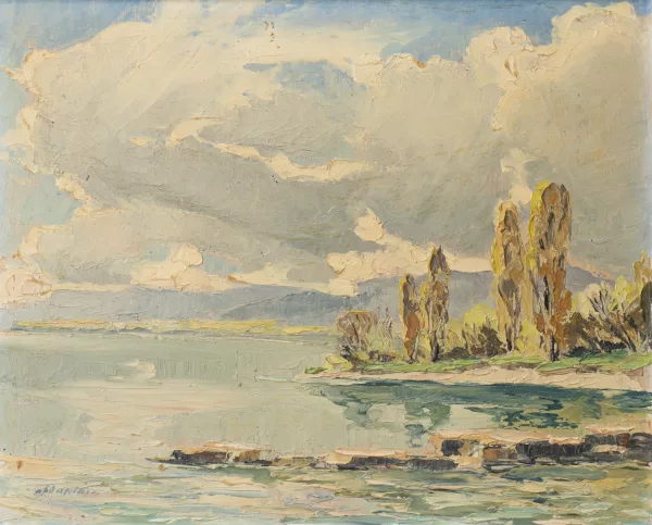 Ami-Ferdinand Duplain — Ami-Ferdinand DUPLAIN (1893-1966) "Plage de Préverenge - avril sur le Léman", Huile sur carton