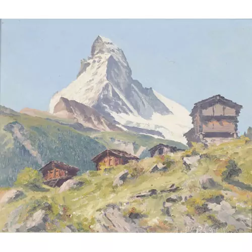Blick auf einen Stadel und das Matterhorn