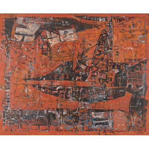 André Bréchet — Abstrakte Komposition in Rot, Schwarz und Weiss.