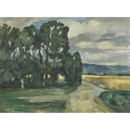 Feldlandschaft mit Bäumen und Bauer