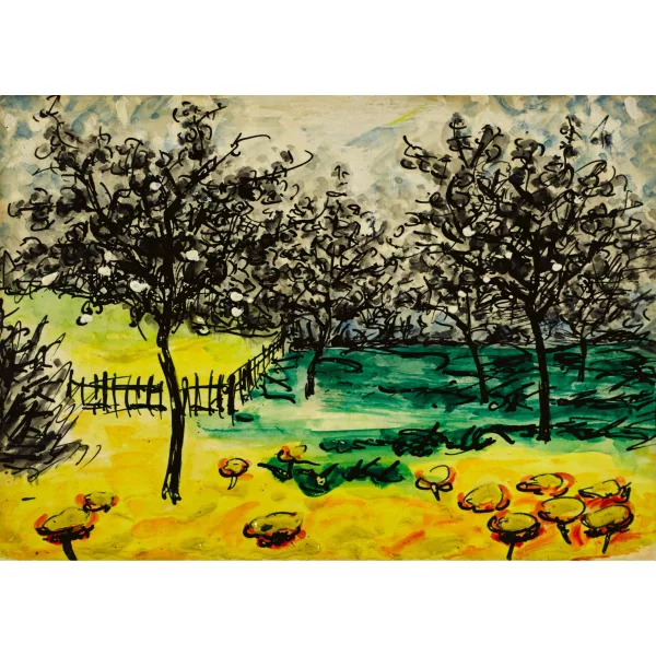 André Jean Evard — Gartenpartie mit Obstbäumen.