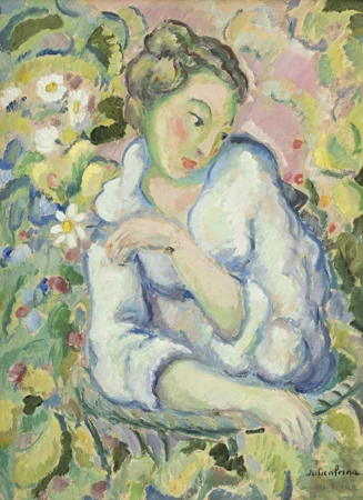 Jeune femme au balcon fleuri