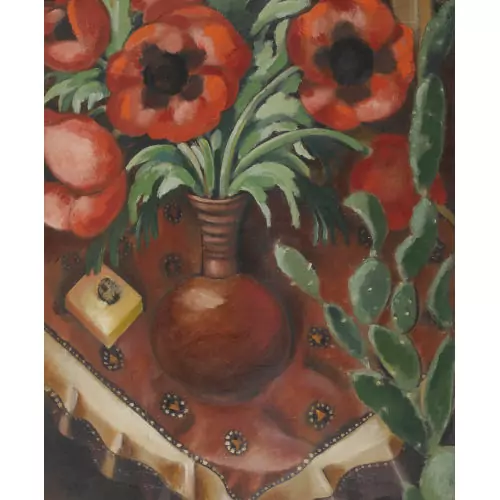 "La vase de pavots et le cactus sur la table"