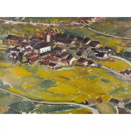 "Paysage avec village ensoleillé"