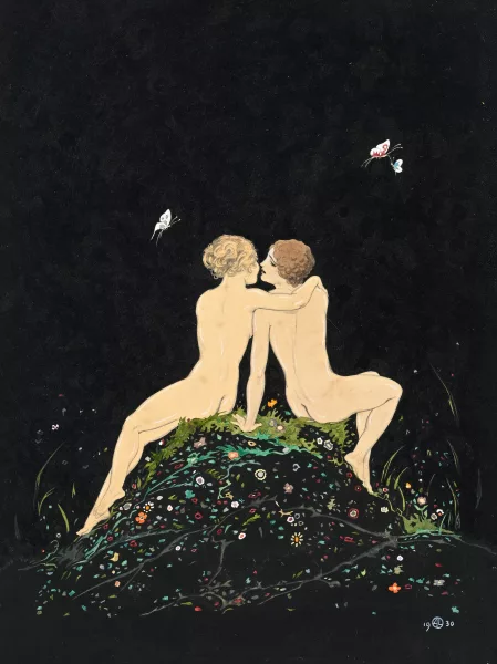 André Lambert — Jeunes femmes enlacées, de dos sur des fleurs