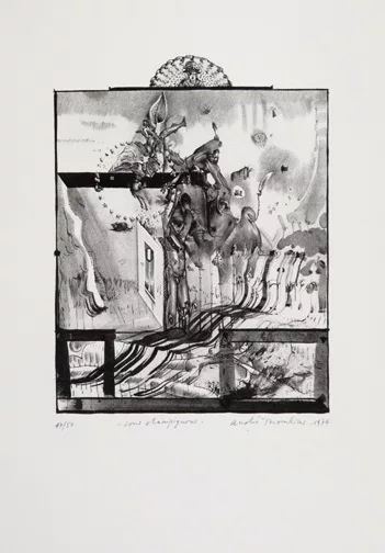André Thomkins — 3 Blätter: romdeutsch gedeutet, 1973; Peintuer, 1974; Sous Champignons, 1974