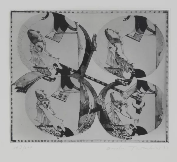 André Thomkins — 3 Blätter: quadroculiste, 1973; sous champignons, 1974; Peintuer, 1974
