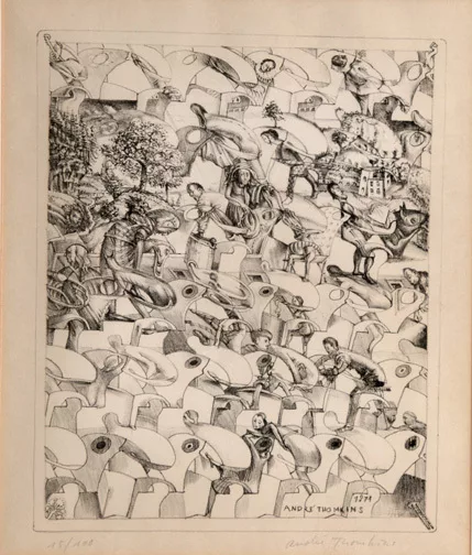 André Thomkins — 2 Blätter: Zürcher Provokationsdrama, 1971; Grand Bavard, 1976