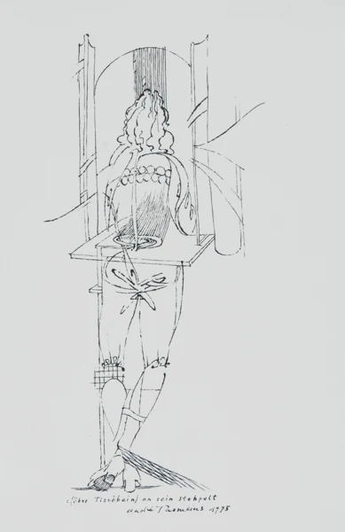 André Thomkins — (über Tischbein) an sein Stehpult, 1975